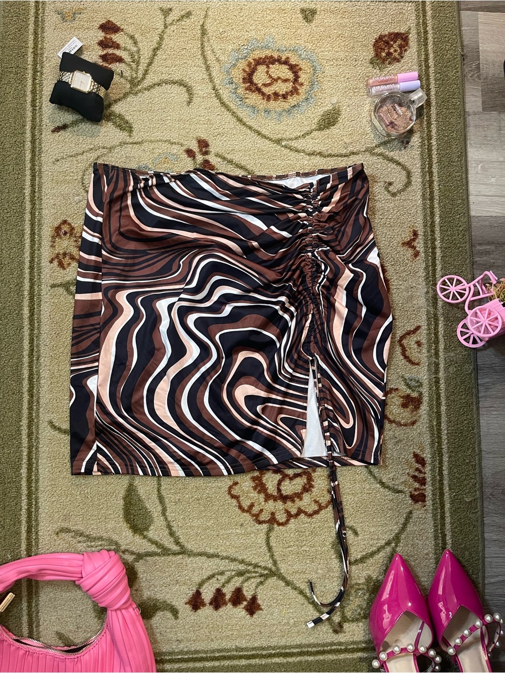SHEIN Brown Black Cream Tan Wavy Ruched Mini Skirt